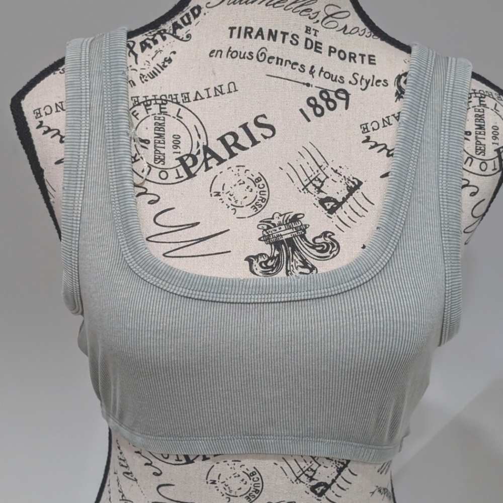 ZARA | Women's Greenish/Grey Washed Effect Distressed Ribbed Cropped Top